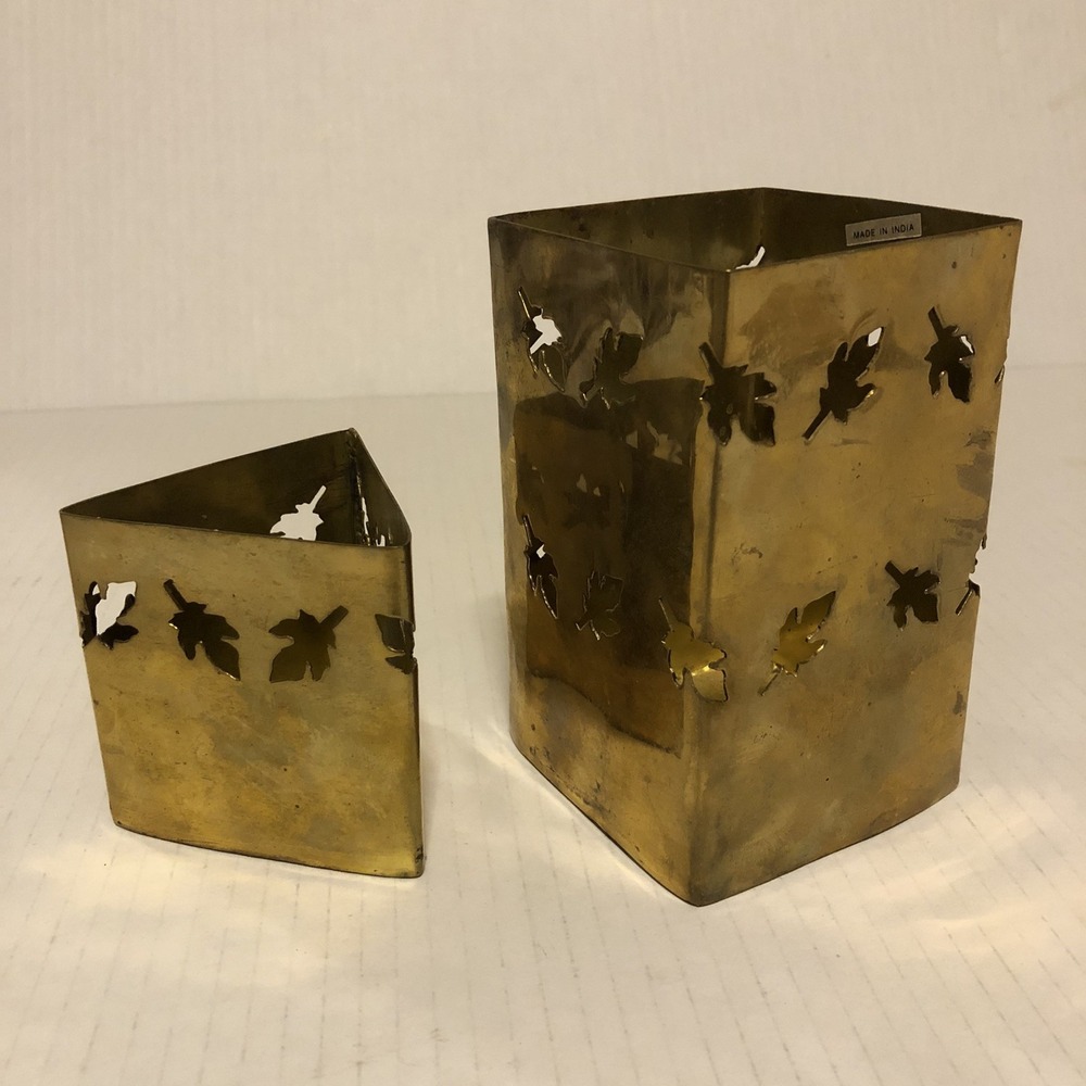 2 Brass Candle Holders Votive Tea Light Leaf Cutout Set Square, Triangle Shaped